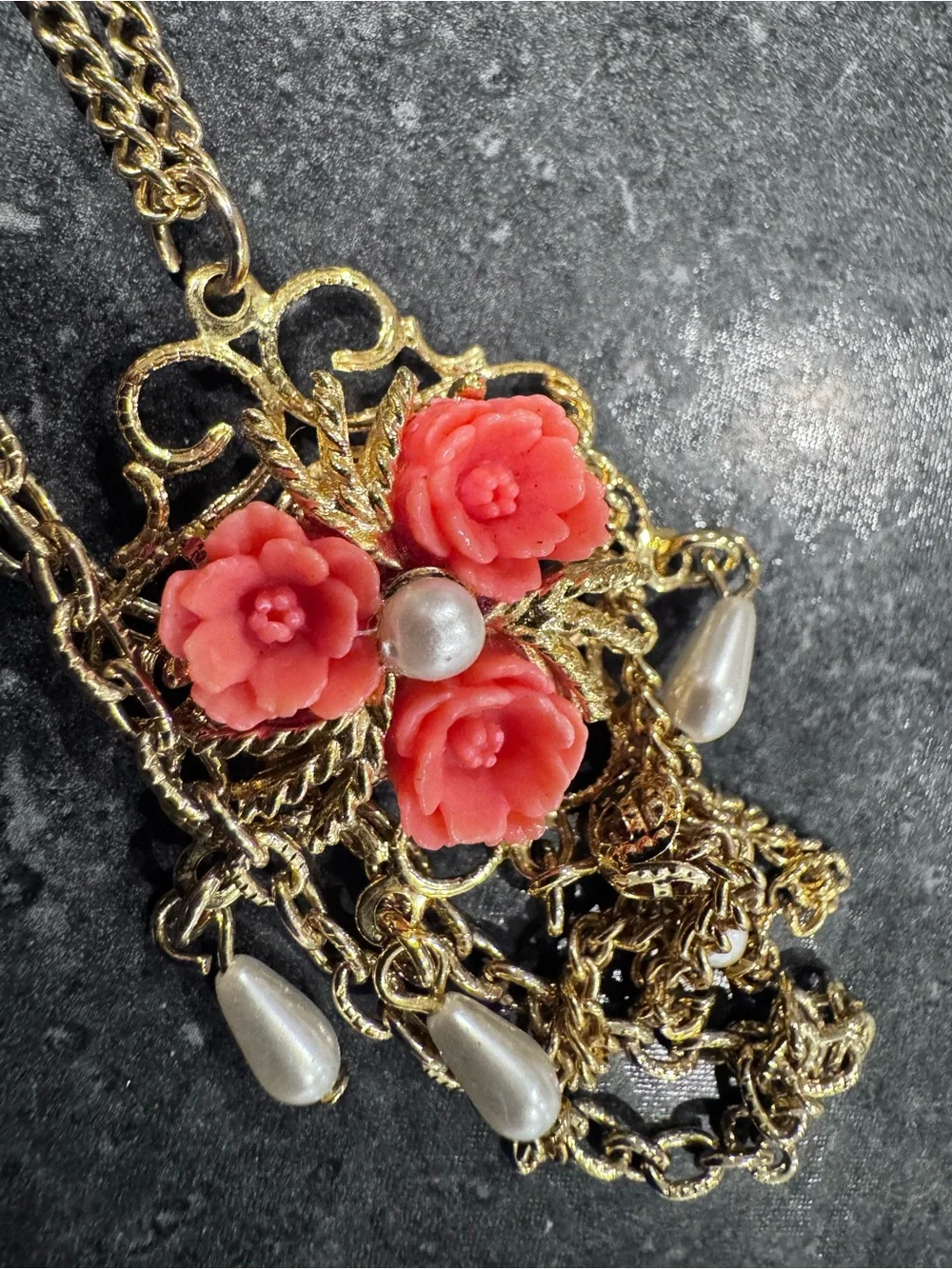 VTG Victorian Revival Double Strand Faux Coral Rose & Pearl Tassel Necklace